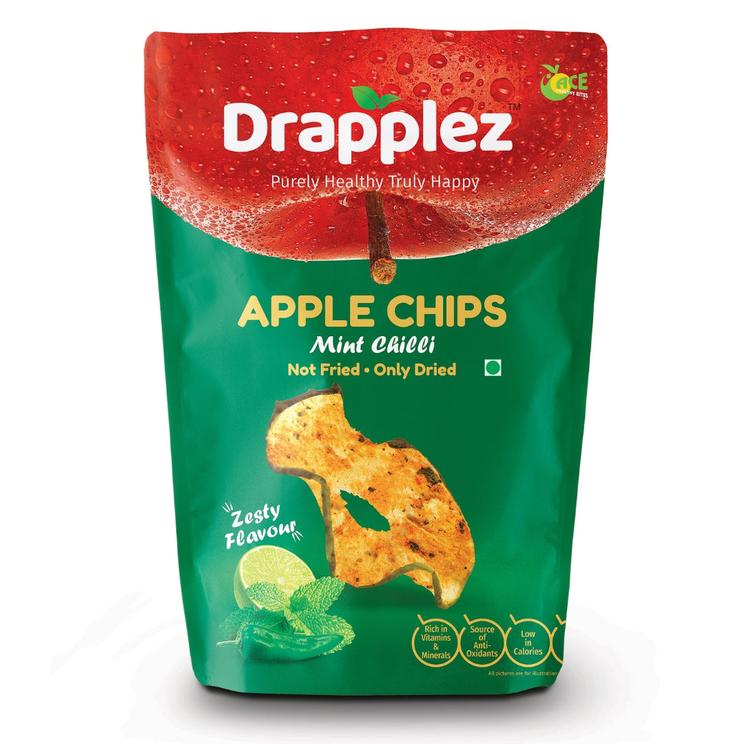 Drapplez apple chips mint chilli flavor snack pouch with dried apple slice and mint lime graphics