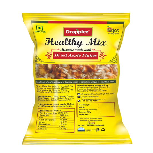 Drapplez Healthy Mix snack pack with dried apple flakes, yellow packaging, nutritional info