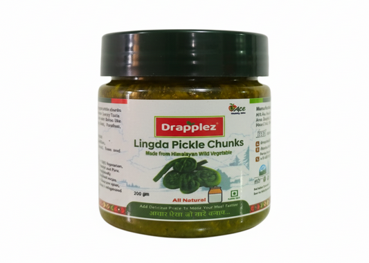 Drapplez Lingda Pickle Chunks jar, Himalayan wild vegetable pickle, 200g, white background