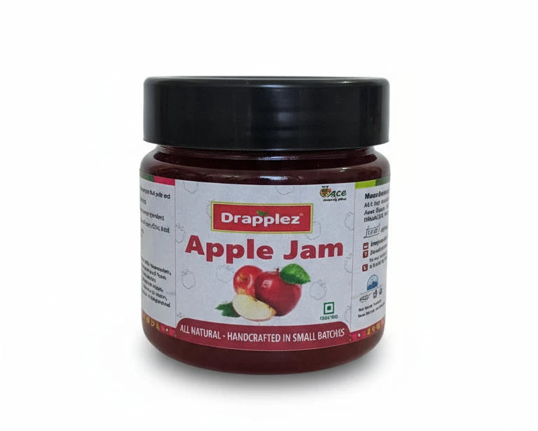 Drapplez Apple Jam jar, all natural, handcrafted, with apples on white label